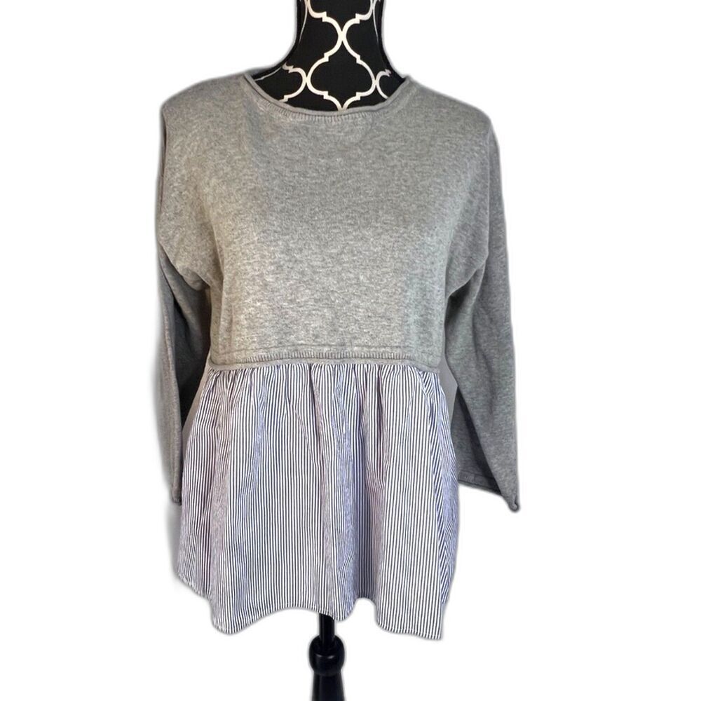 Moon & Madison Gray Sweater Woven Striped Cotton Shirt Combo Preppy Size Small‎